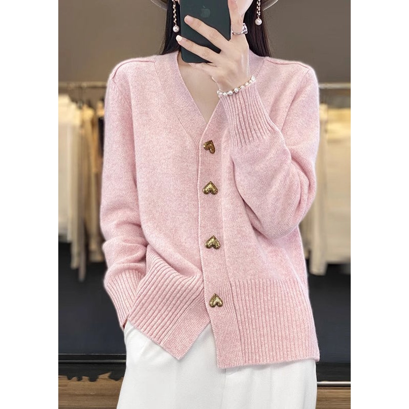 Simple Pink V Neck Button Cozy Knit Coat Spring