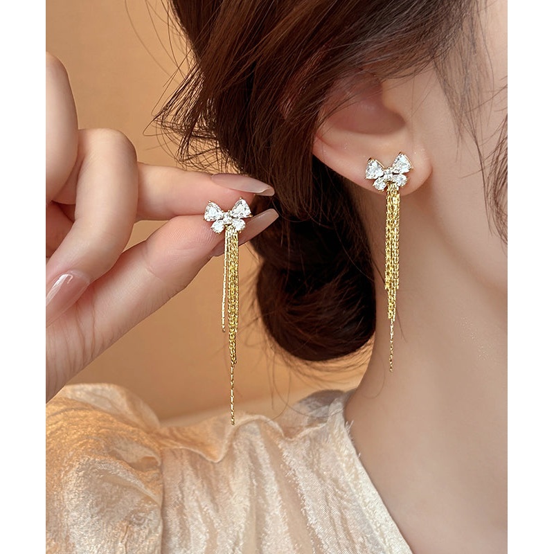 Skinny Gold Alloy Zircon Bow Tassel Drop Earrings