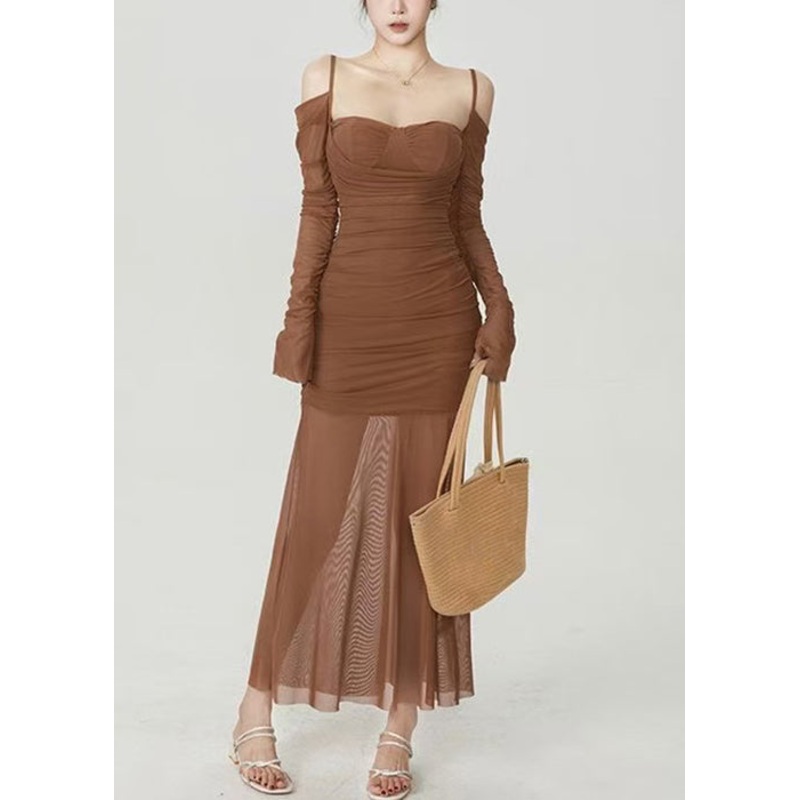Slim Fit Brown Cold Shoulder Wrinkled Tulle Spaghetti Strap Dress Spring