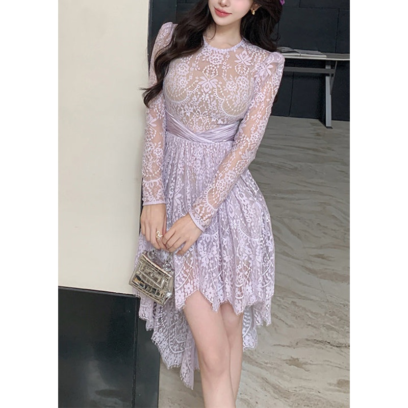 Slim Fit Purple Hollow Out Low High Design Lace Dresses Fall
