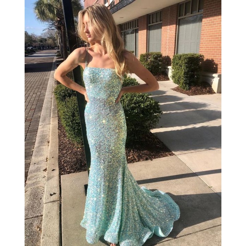 Spaghetti Straps Green Sequin Mermaid Long Prom Dresses 2554