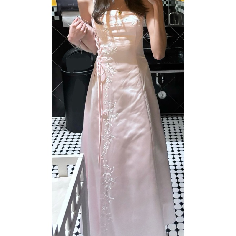 Strapless A Line Pink Satin Long Prom Dress Formal Evening Dress J8142