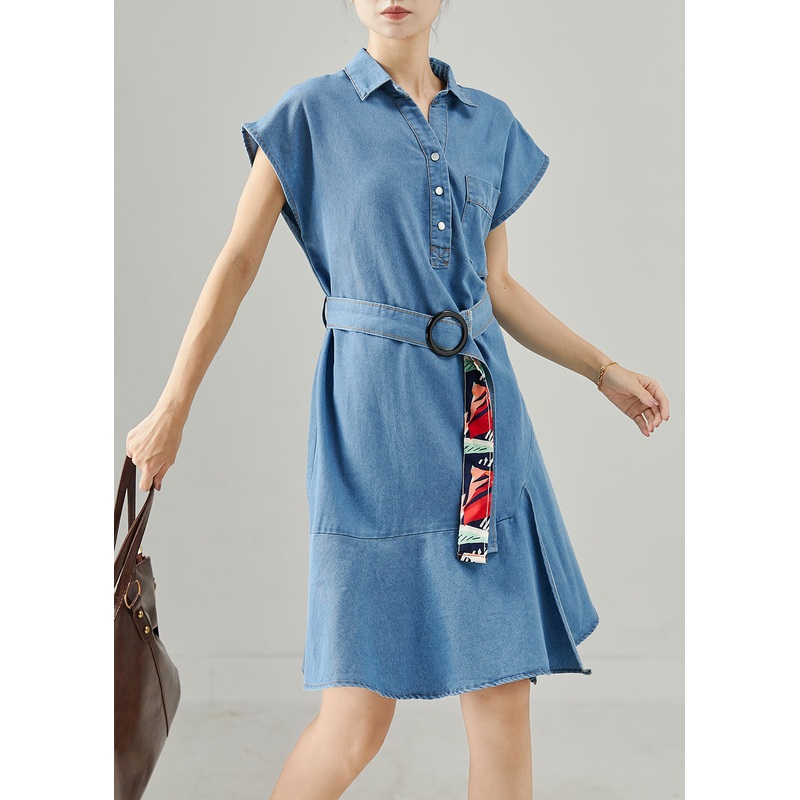 Style Blue Tie Waist Denim Mini Dresses Sleeveless