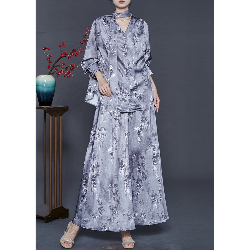 Style Grey V Neck Print Silk Two Piece Set Women Clothing Spring