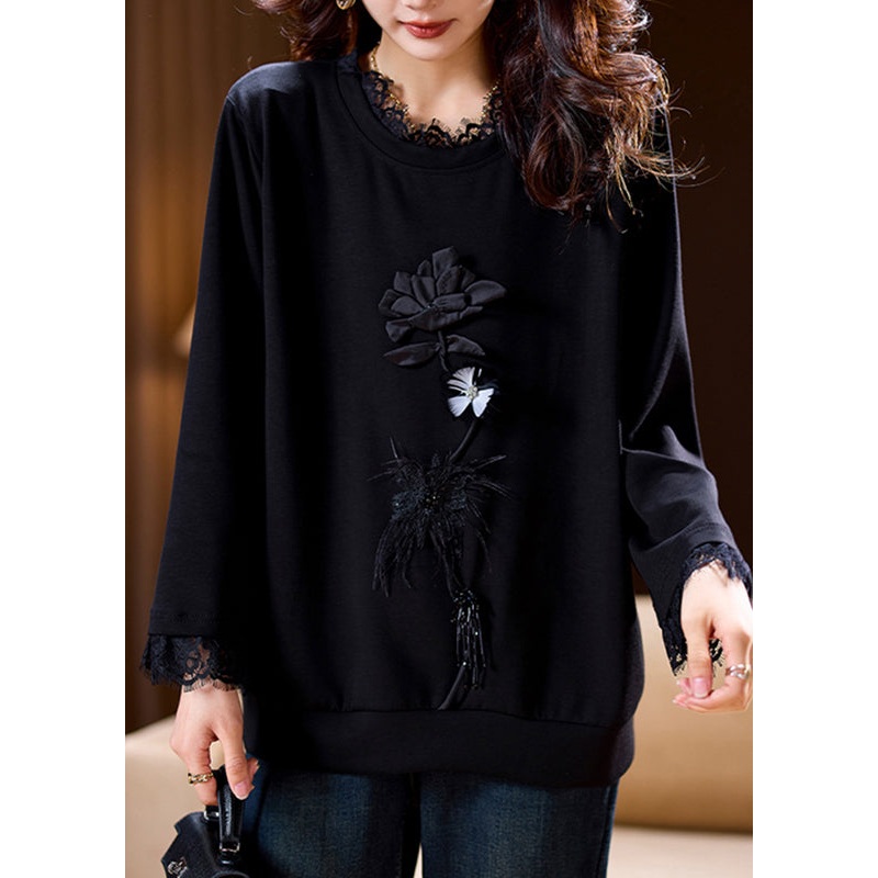 Stylish Black Embroidered Lace Patchwork Sweatshirt Spring
