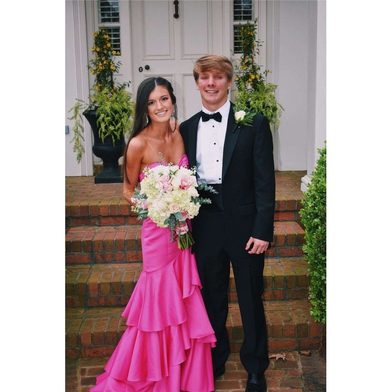 Sweetheart Hot Pink Tiered Mermaid Satin Prom Dress J6040