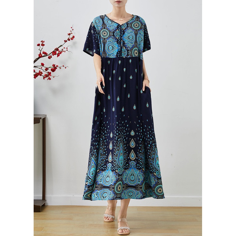 Unique Navy Oversized Print Cotton Long Dresses Summer