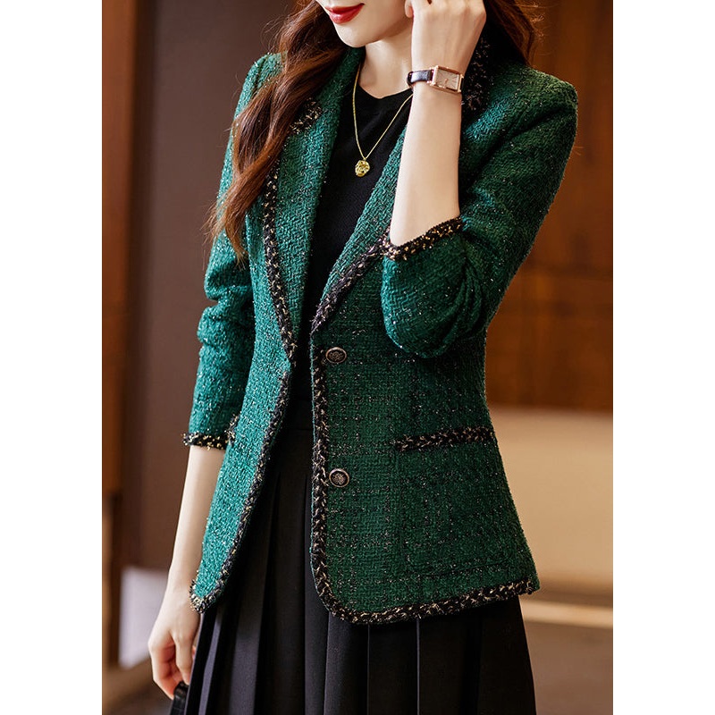 Vintage Peacock Green Patchwork Woolen Coat Spring