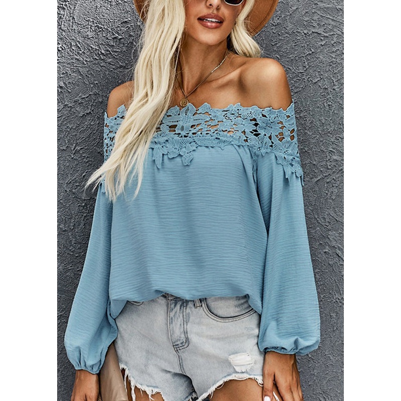 Vogue Blue Slash Neck Cold Shoulder Lace Top Fall