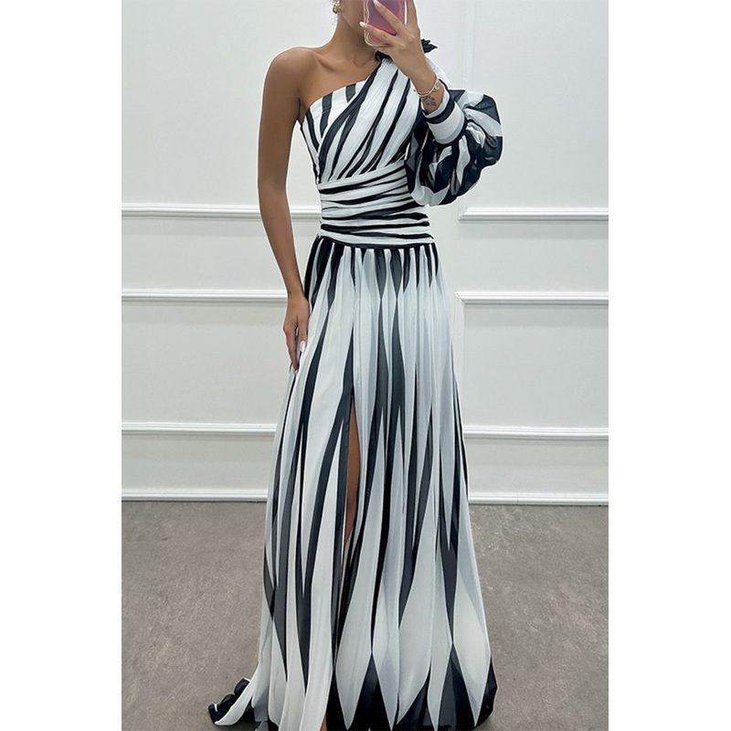 Wedding Prom Striped Print Slit Irregular Sloping Shoulder Evening Dresses