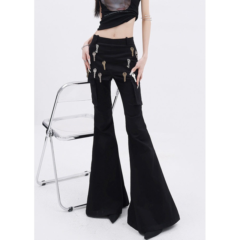 Women Black False Two Pieces Patchwork Denim Flared Trousers Fall