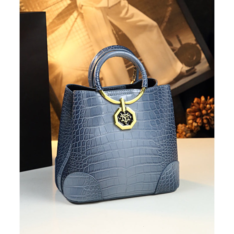 Women Dark Blue Large Capacity Calf Leather Tote Handbag