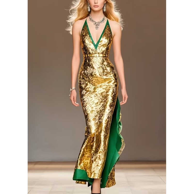 Women Golden Wraped Patchwork Silk Sundress Summer