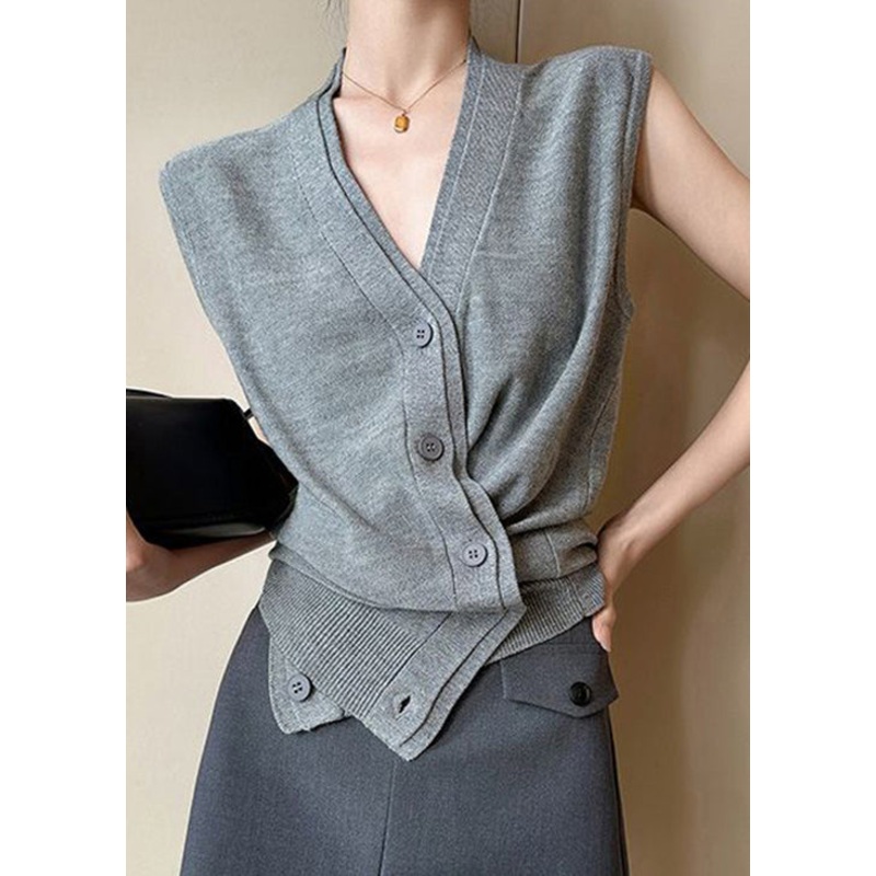 Women Grey V Neck Button Solid Knit Vest Sleeveless