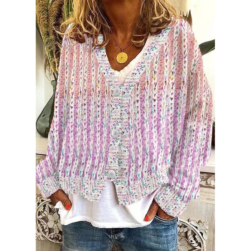 Women Pink V Neck Striped Cozy Knit Cardigan Spring