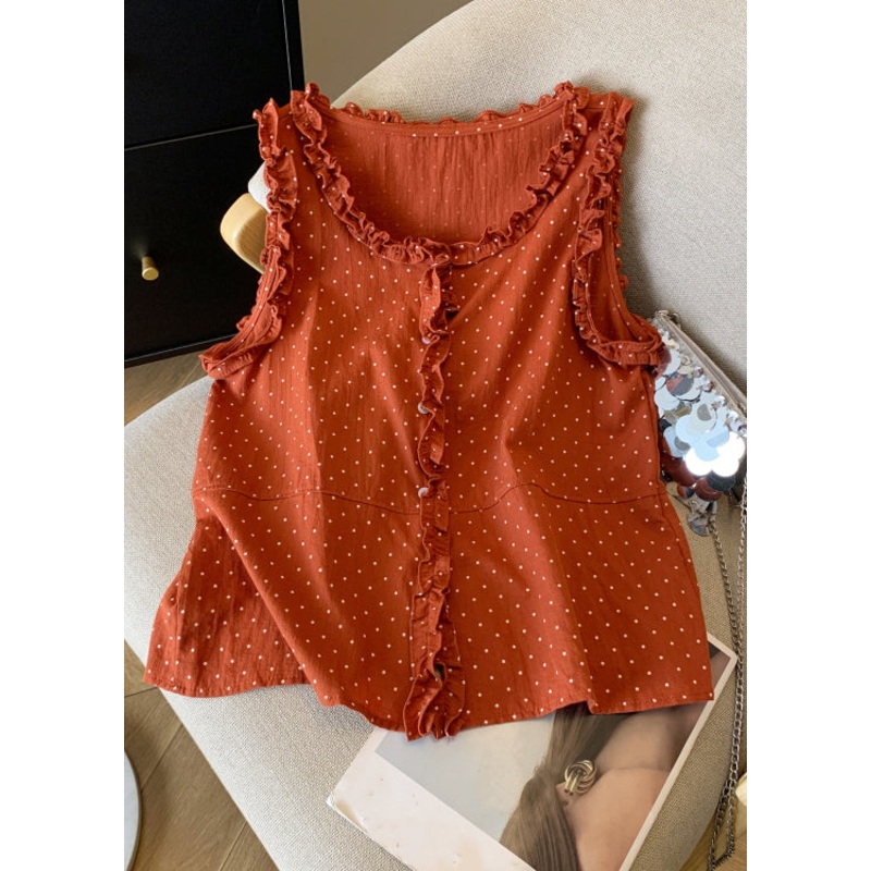 Art Orange Ruffled Button Dot Cotton Shirts Sleeveless