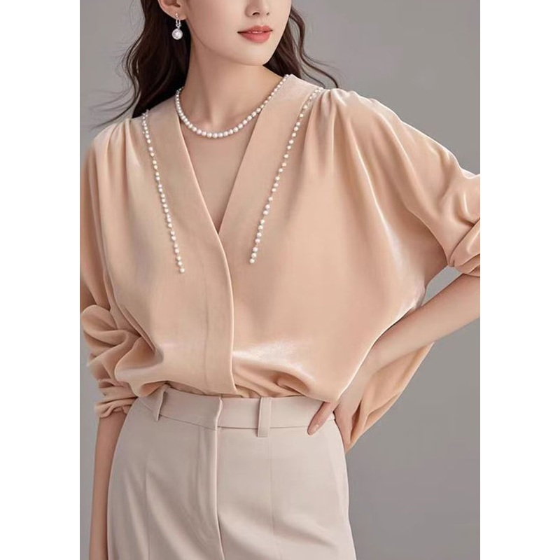 Art Pink V Neck Pearl Silk Velour Shirt Spring