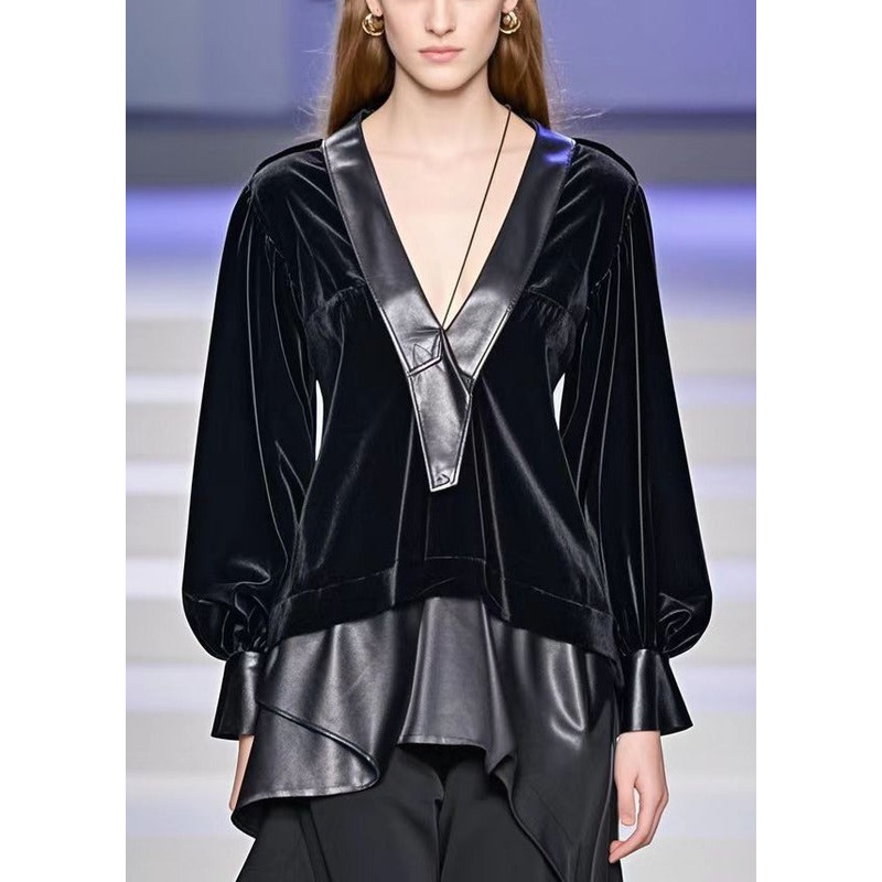 Beautiful Black Asymmetrical Faux Leather Patchwork Silk Velour Shirt Top Spring