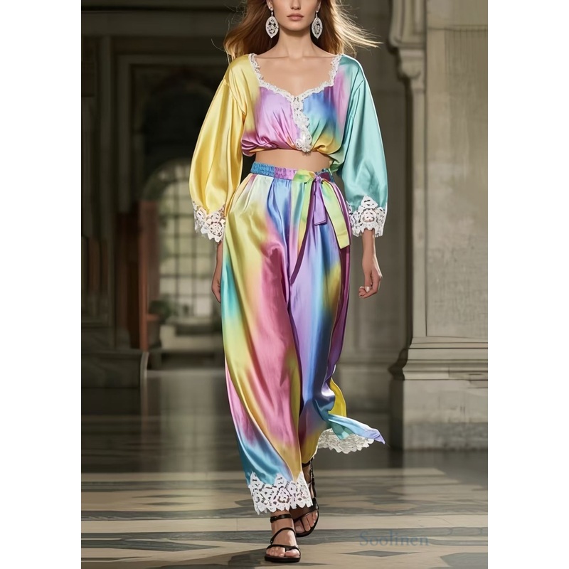 Beautiful Rainbow Tie Dye Patchwork Lace Silk Two Piece Suit Set Spring