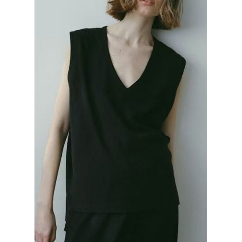 Black Cotton Tank Tops V Neck Sleeveless