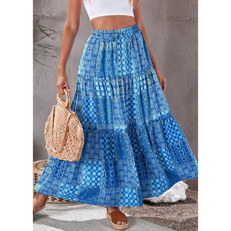 Blue Pockets Elastic Waist Maxi Skirts Summer