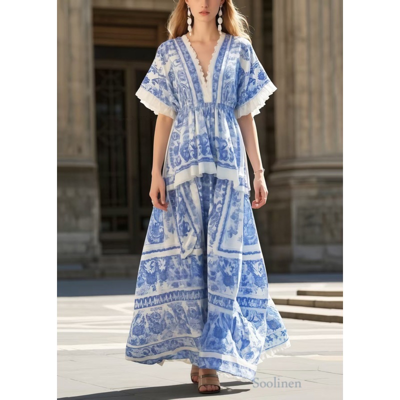 Bohemian Blue Print Exra Large Hem Cotton Holiday Dress Summer