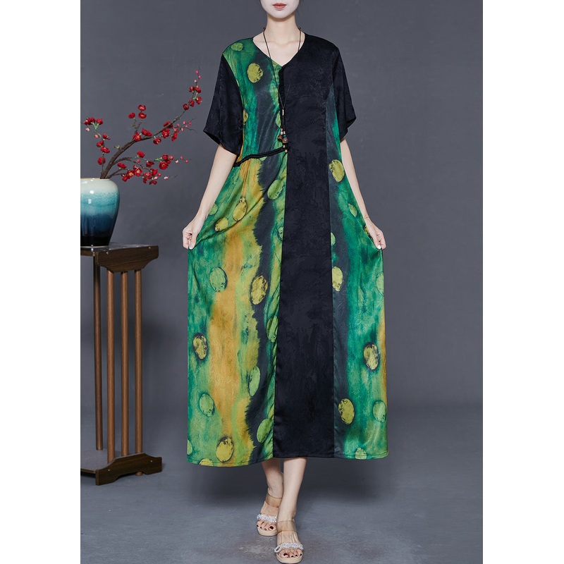 Bohemian Green Oversized Patchwork Silk Long Dress Summer