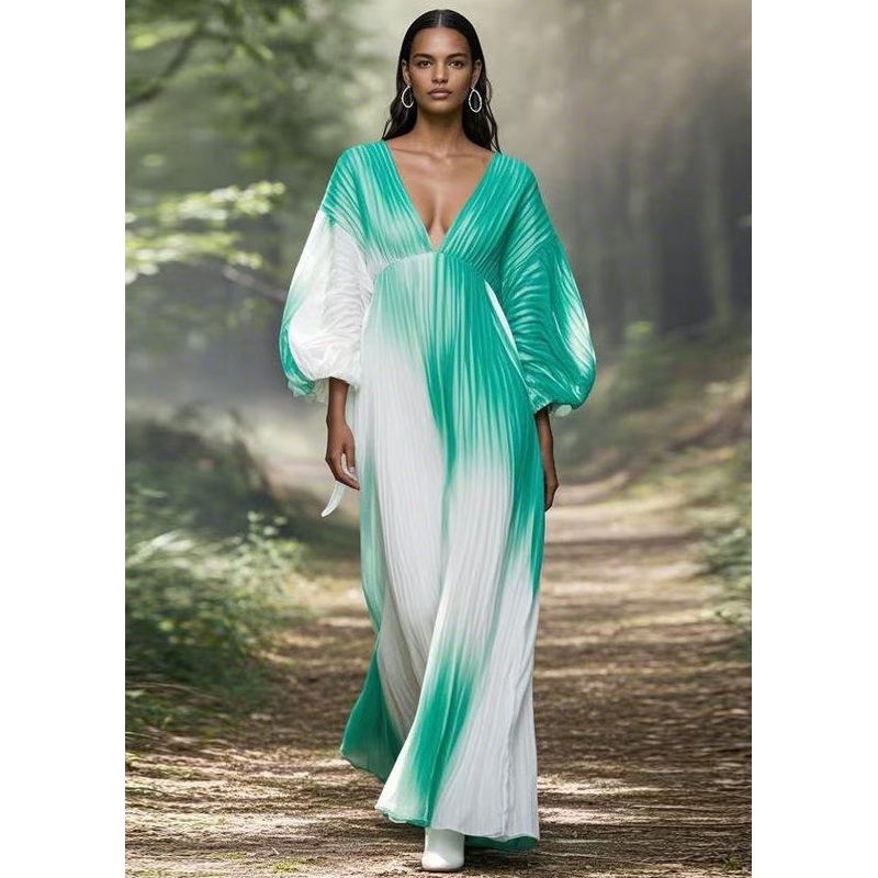 Boho Gradient Color V Neck Wrinkled Chiffon Long Dress Spring