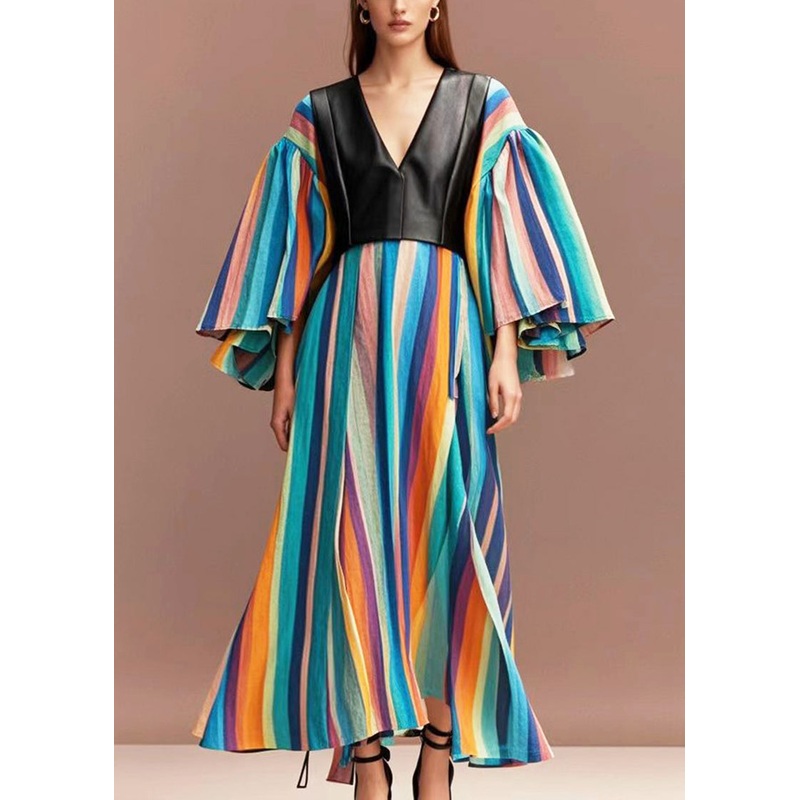 Boho Rainbow Striped Patchwork PU Cotton Maxi Dresses Flare Sleeve