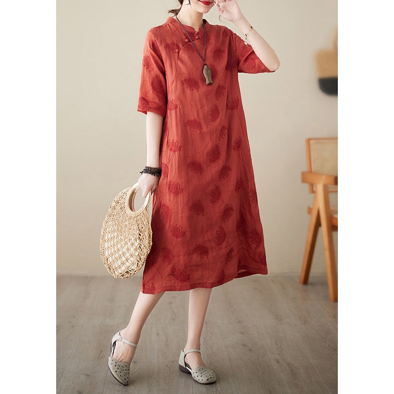 Boutique Red Mandarin Collar Embroidered Oriental Dress Summer