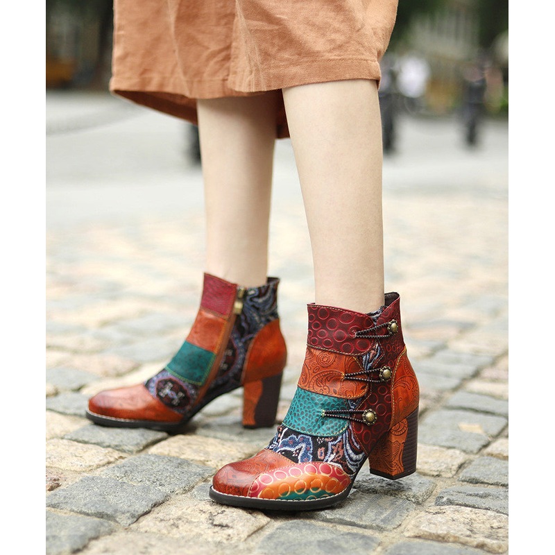 Brown Embossed Splicing Vintage Chunky Heel Boots