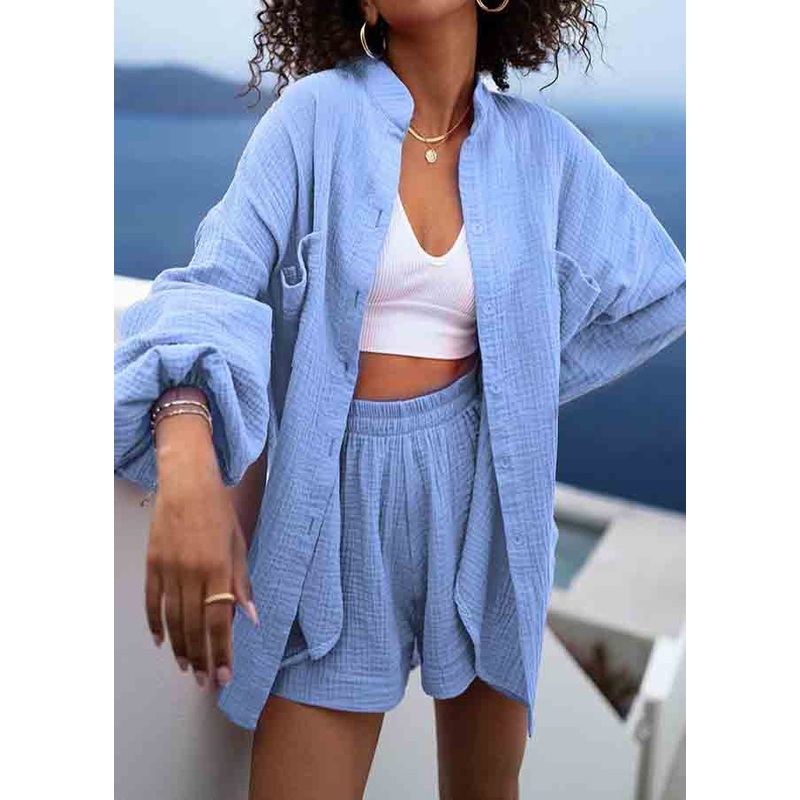 Casual Blue Oversized Cotton Womens Two Piece Suit Set Lantern Sleeve