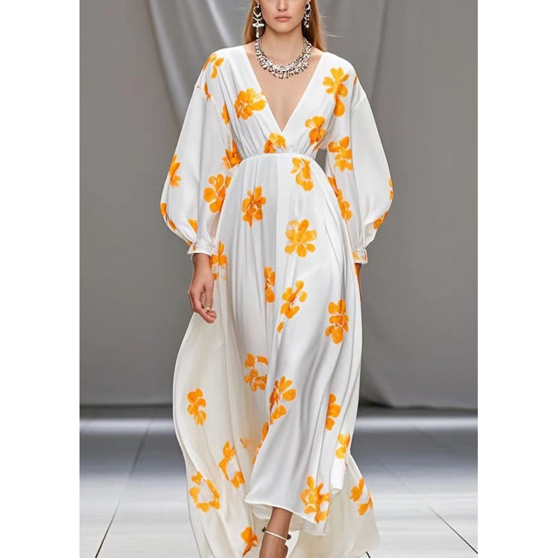 Casual White V Neck Print Silk Vacation Dresses Spring
