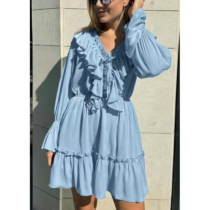 Chic Blue V Neck Ruffled Cotton Mid Dress Flare Sleeve