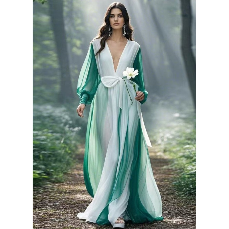 Chic Colorblock V Neck Tie Waist Chiffon Maxi Dresses Spring