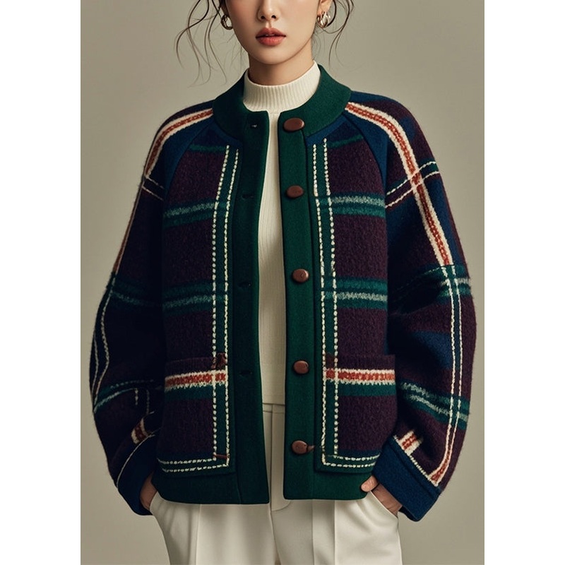 Chic Green Plaid Button Patchwork Woolen Coats Winter