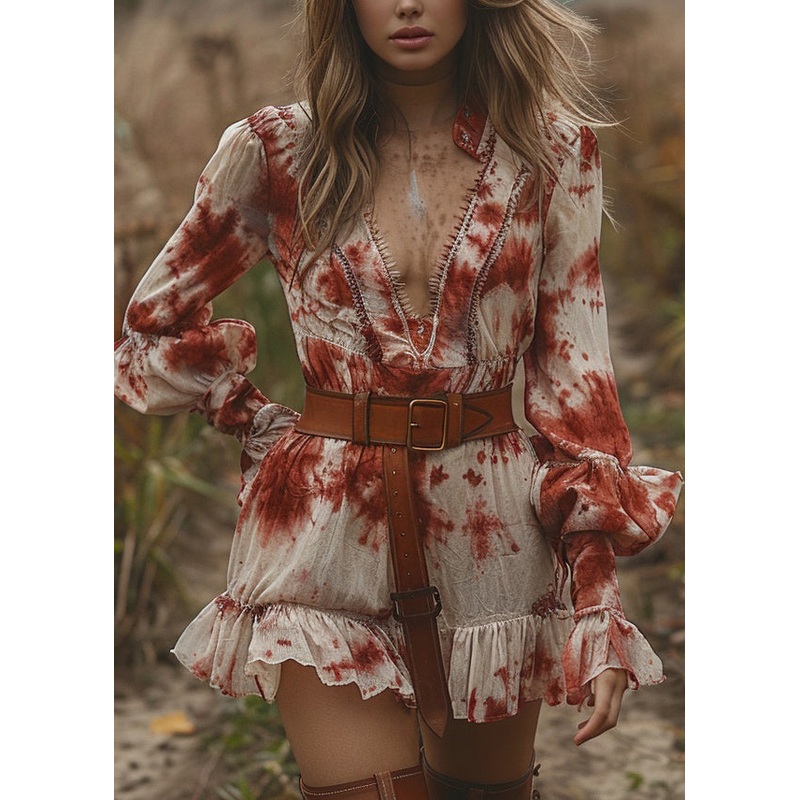 Chic V Neck Ruffled Tie Dye Cotton Mini Dress Lantern Sleeve