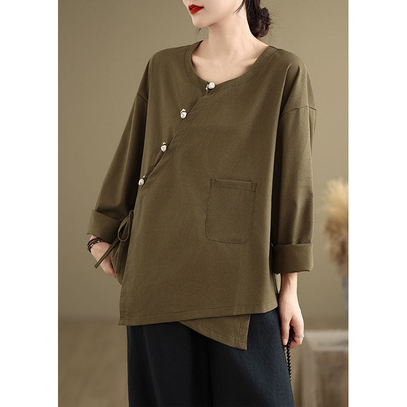 Chinese Style Tea Green O Neck Button Patchwork Cotton Tops Spring