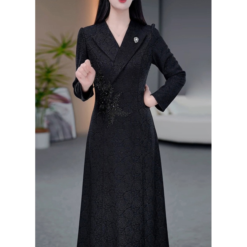 Classy Black Peter Pan Collar Jacquard Cotton Long Dress Spring