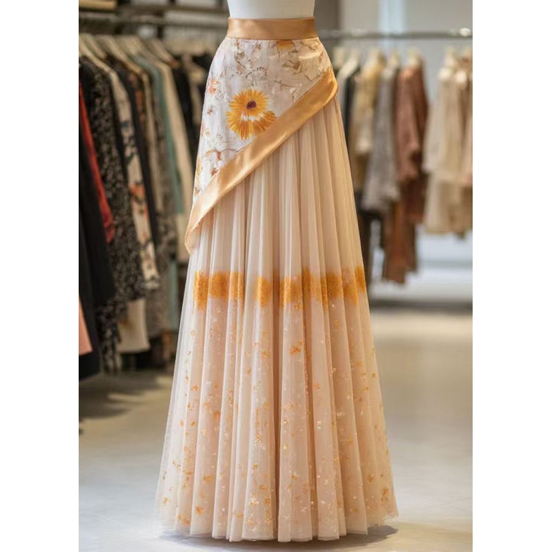 Classy Orange Print Wrinkled Patchwork False Two Pieces Tulle Skirt Summer