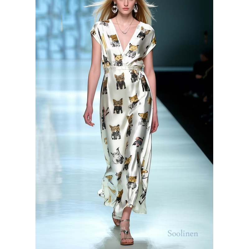 Cute Animal Print Draping Silk Maxi Dresses Summer