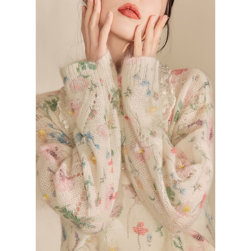 Cute Apricot Peter Pan Collar Print Hollow Out Sequins Cotton Knit Sweaters Spring