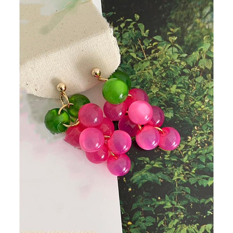 Cute Pink Copper Alloy Cat’s Eye Stone Resin Grape Drop Earrings