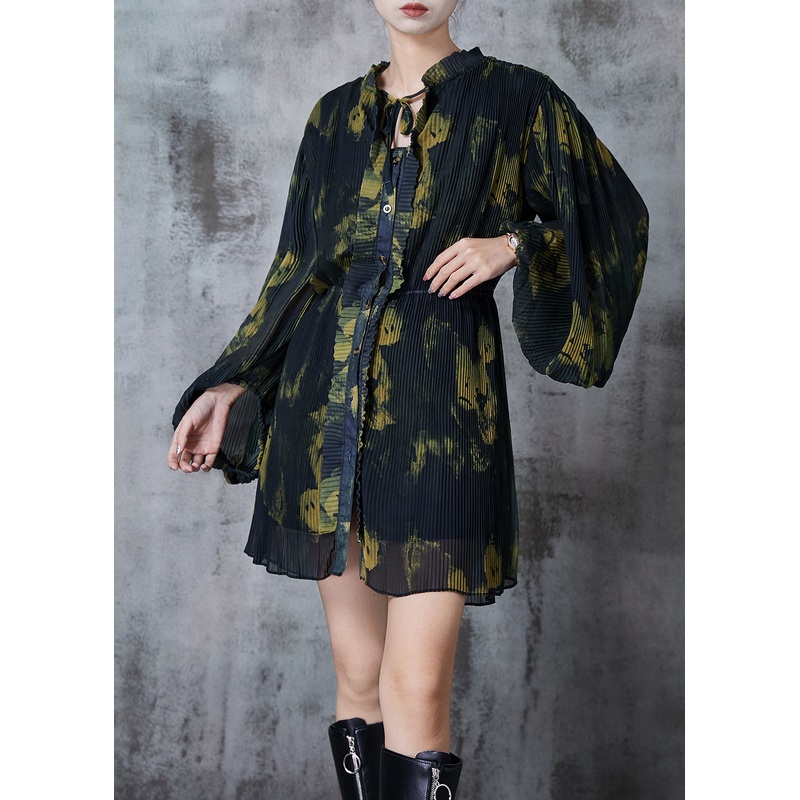 DIY Green Tie Dye Ruffled Chiffon Work Dress Spring