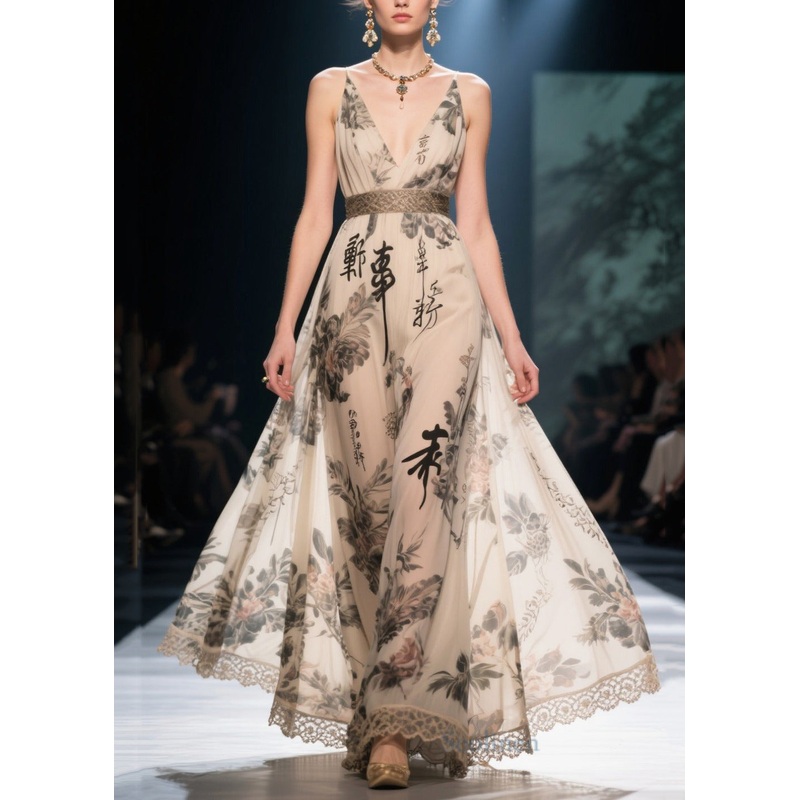 Elegant Apricot Print Exra Large Hem Chiffon Tunic Dress Summer