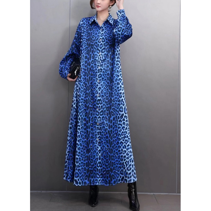 Elegant Blue Leopard Peter Pan Collar Maxi Shirts Dress Spring
