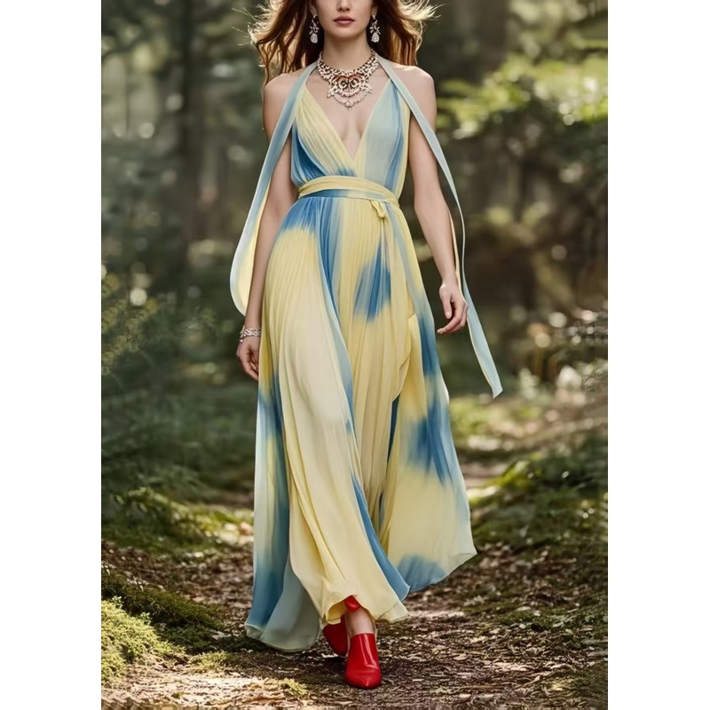 Elegant Light Yellow Tie Dye Exra Large Hem Chiffon Summer Dress