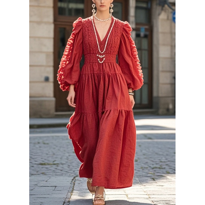 Elegant Red Cinched Wrinkled Cotton Holiday Dress Spring