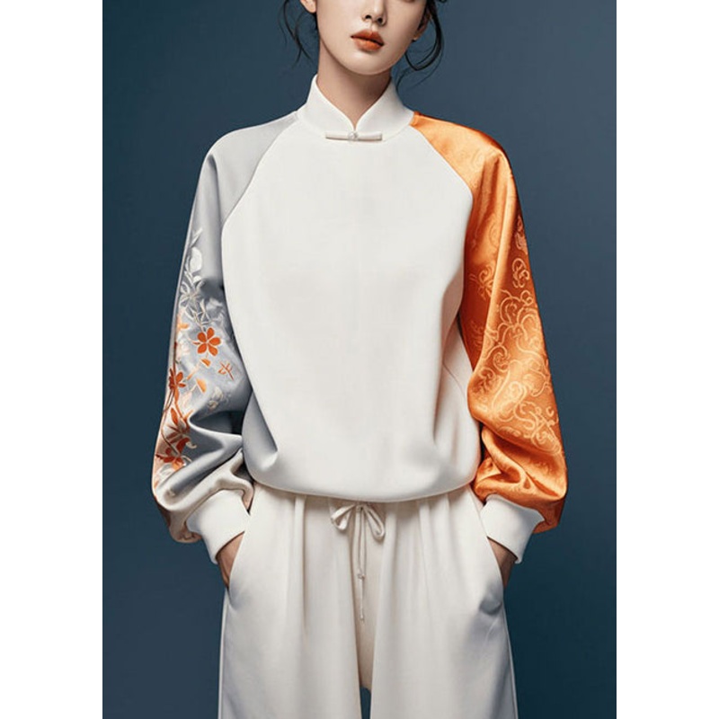 Elegant White Asymmetrical Patchwork Silk Oriental Tops Spring