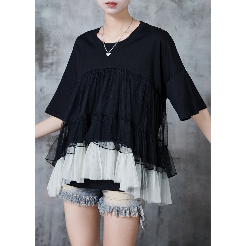 Fine Black Oversized Patchwork Tulle Tanks Summer